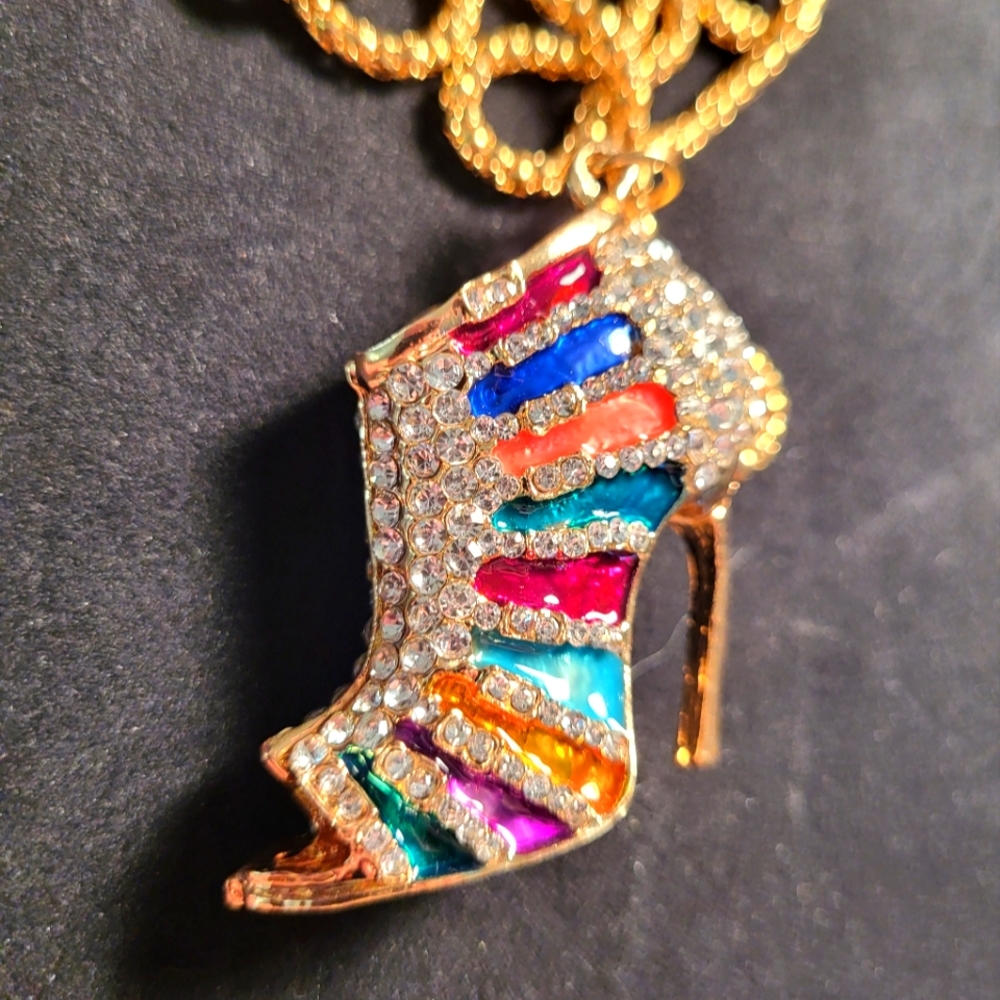 Betsy Johnson Enamel Pendant Rhinestone Necklace High Heel Shoe Rainbow Goldtone